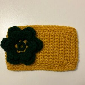 New handmade Green and gold kids warm headband 7” wide 4” high.
